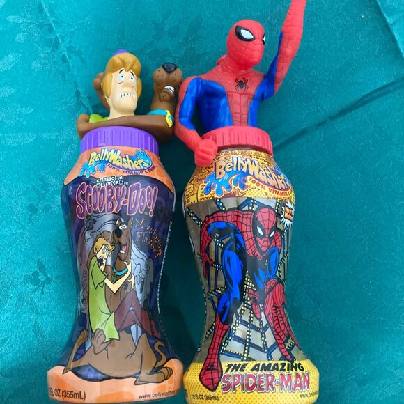 RARE VTG Cartoon Belly Washers Scooby Doo Shaggy Spiderman Bottles & Toppers Set - Picture 4 of 5